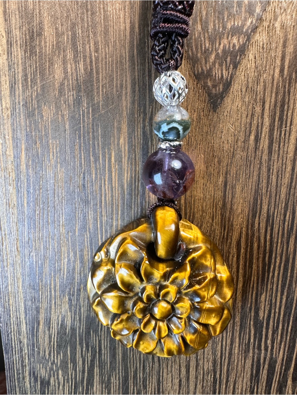Tiger’s Eye Flower Pendant Necklace with Amethyst and Agate on Brown Rope - Picture 11 of 14